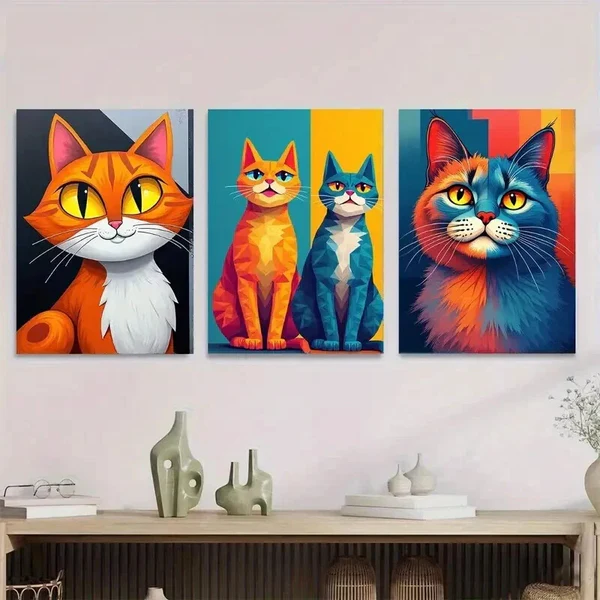 3pcs Colorful Cat Vibrant Animal Paintings Wall Art Set Canvas Framed 50x70cm – High Quality Print 100% Australian Made Wall Canvas Ready to Hang
