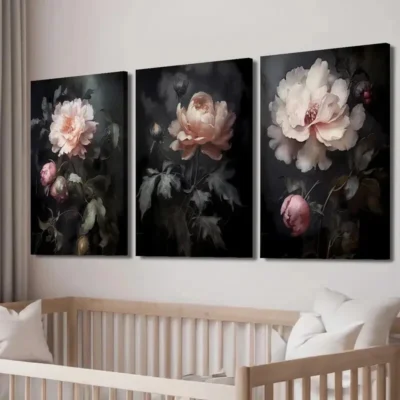 3pcs Gothic Peony Pink & White Roses Wall Art Set Canvas Framed 40x60cm - High Quality Print 100% Australian Made Wall Canvas Ready to Hang