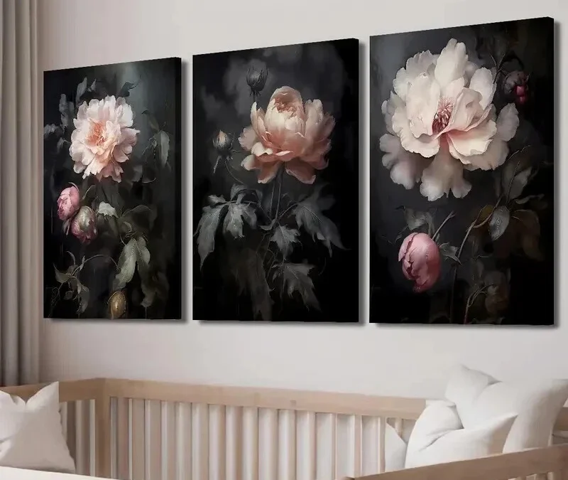 3pcs Gothic Peony Pink & White Roses Wall Art Set Canvas Framed 40x60cm – High Quality Print 100% Australian Made Wall Canvas Ready to Hang