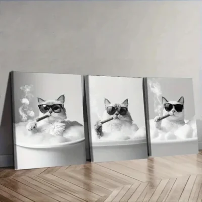 3pcs Gangster Brother Kitten Wall Art Set Canvas Framed 50x70cm - High Quality Print 100% Australian Made Wall Canvas Ready to Hang