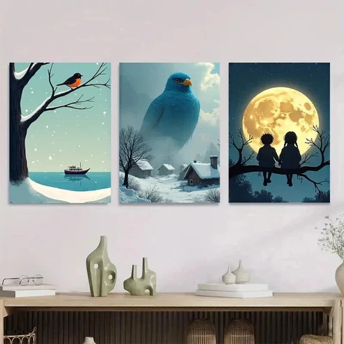 3pcs Winter Scene Blue Bird, And Moonlit Snow Wall Art Set Canvas Framed 50x70cm – High Quality Print 100% Australian Made Wall Canvas Ready to Hang