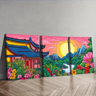 3pcs Colorful ancient Chinese buildings Wall Art Set Canvas Framed 40x60cm - High Quality Print 100% Australian Made Wall Canvas Ready to Hang