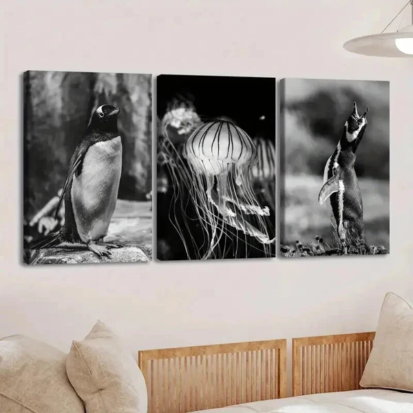 3pcs Vintage Black Animal Penguin Jellyfish Dark Wall Art Set Canvas Framed 50x70cm – High Quality Print 100% Australian Made Wall Canvas Ready to Hang