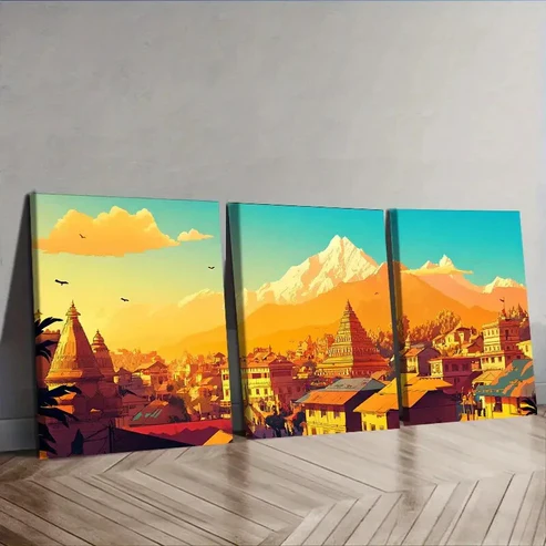3pcs The city of Nuwakot Wall Art Set Canvas Framed 40x60cm – High Quality Print 100% Australian Made Wall Canvas Ready to Hang