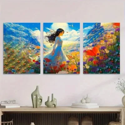3pcs Beautiful Woman In Flower Vibrant Landscape Wall Art Set Canvas Framed 50x70cm - High Quality Print 100% Australian Made Wall Canvas Ready to Hang