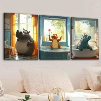 3pcs Cute Animal Hippopotamus Cow Crocodile Blue Wall Art Set Canvas Framed 50x70cm - High Quality Print 100% Australian Made Wall Canvas Ready to Hang