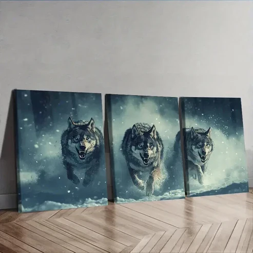 3pcs Fierce Wolf pack Wall Art Set Canvas Framed 50x70cm – High Quality Print 100% Australian Made Wall Canvas Ready to Hang