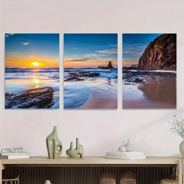 3pcs Sunset Beach Orange & Blue Seascape Wall Art Set Canvas Framed 40x60cm – High Quality Print 100% Australian Made Wall Canvas Ready to Hang