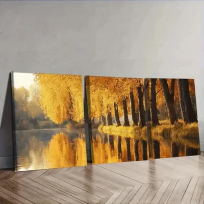 3pcs Golden autumn trees along the river Wall Art Set Canvas Framed 50x70cm - High Quality Print 100% Australian Made Wall Canvas Ready to Hang