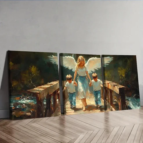 3pcs Angel and Youngsters on Bridge Wall Art Set Canvas Framed 50x70cm – High Quality Print 100% Australian Made Wall Canvas Ready to Hang