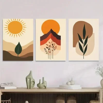 3pcs Modern Abstract Boho Sun, Mountains Wall Art Set Canvas Framed 40x60cm - High Quality Print 100% Australian Made Wall Canvas Ready to Hang