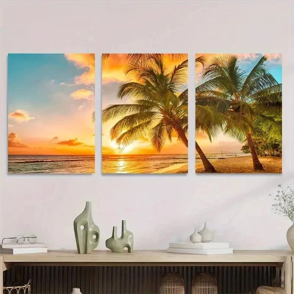 3pcs Vibrant Sunset Palm Tree Beach Sunset Wall Art Set Canvas Framed 40x60cm – High Quality Print 100% Australian Made Wall Canvas Ready to Hang