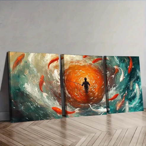 3pcs Fisherman, koi Nature Wall Art Set Canvas Framed 40x60cm – High Quality Print 100% Australian Made Wall Canvas Ready to Hang