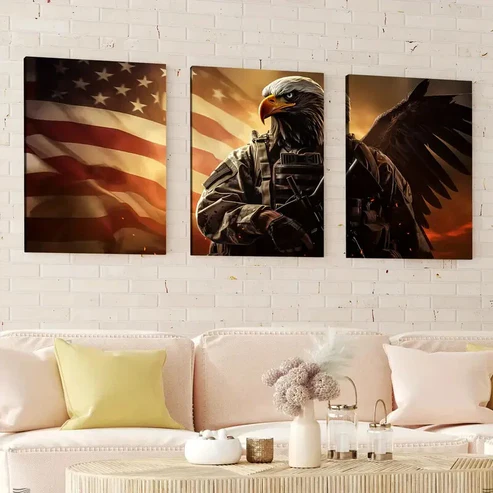 3pcs Abstract Bald Eagle Flying American Flag Wall Art Set Canvas Framed 40x60cm – High Quality Print 100% Australian Made Wall Canvas Ready to Hang