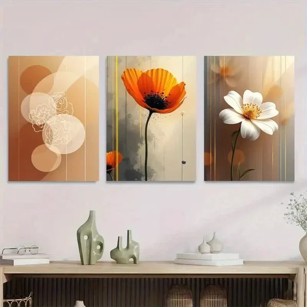 3pcs Abstract Floral Vertical Orange & White Wall Art Set Canvas Framed 40x60cm – High Quality Print 100% Australian Made Wall Canvas Ready to Hang