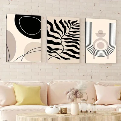 3pcs Modern Abstract Geometric Leaves Black Line Wall Art Set Canvas Framed 50x70cm - High Quality Print 100% Australian Made Wall Canvas Ready to Hang