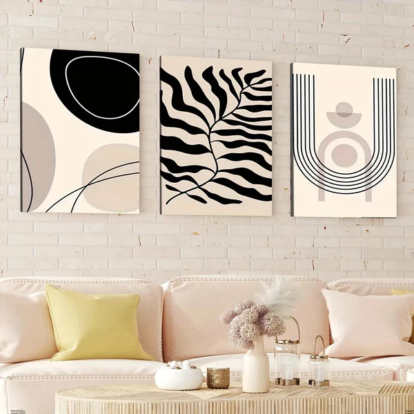 3pcs Modern Abstract Geometric Leaves Black Line Wall Art Set Canvas Framed 50x70cm – High Quality Print 100% Australian Made Wall Canvas Ready to Hang