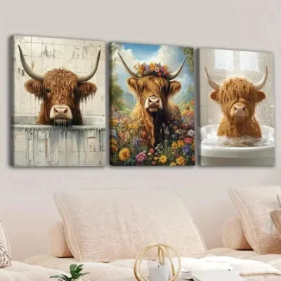 3pcs Highland Cows Blue Sky & White Clouds Brown Wall Art Set Canvas Framed 50x70cm - High Quality Print 100% Australian Made Wall Canvas Ready to Hang