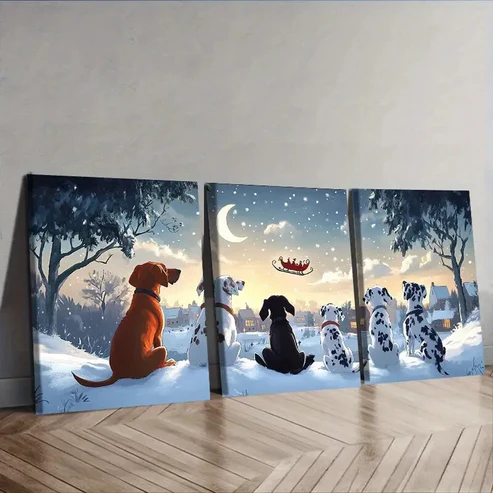 3pcs The dog looks at Santa Claus Wall Art Set Canvas Framed 40x60cm – High Quality Print 100% Australian Made Wall Canvas Ready to Hang