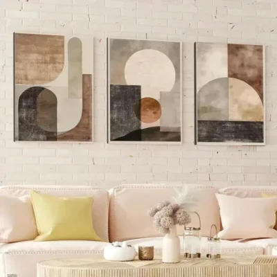 3pcs Abstract Beige Brown Geometric Shapes Brown Wall Art Set Canvas Framed 50x70cm - High Quality Print 100% Australian Made Wall Canvas Ready to Hang