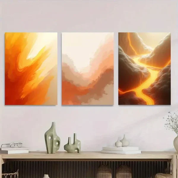 3pcs Modern Abstract Vibrant Orange Triptych Wall Art Set Canvas Framed 50x70cm – High Quality Print 100% Australian Made Wall Canvas Ready to Hang