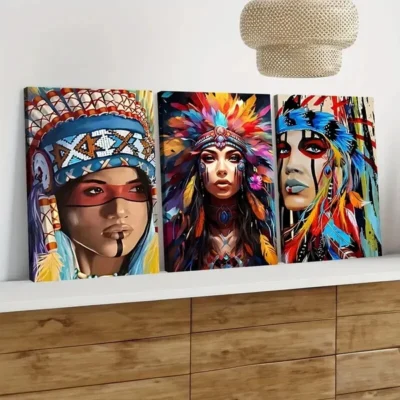 3pcs Aboriginal Chief Portrait Beauty Elegant Wall Art Set Canvas Framed 50x70cm - High Quality Print 100% Australian Made Wall Canvas Ready to Hang