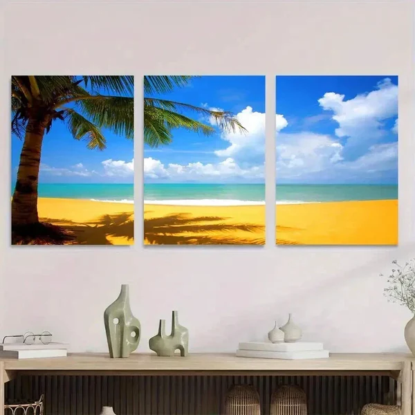 3pcs Beach Scene Palm Trees & Ocean Paradise Wall Art Set Canvas Framed 50x70cm – High Quality Print 100% Australian Made Wall Canvas Ready to Hang