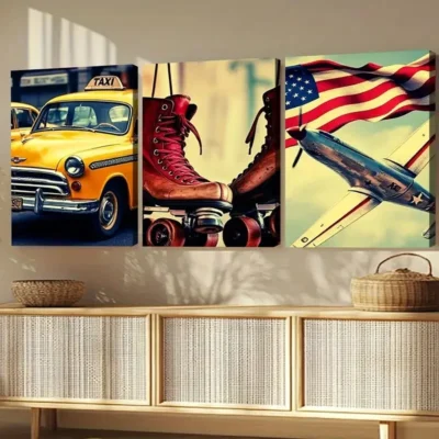 3pcs Retro American Classic Modern Style Car Wall Art Set Canvas Framed 40x60cm - High Quality Print 100% Australian Made Wall Canvas Ready to Hang