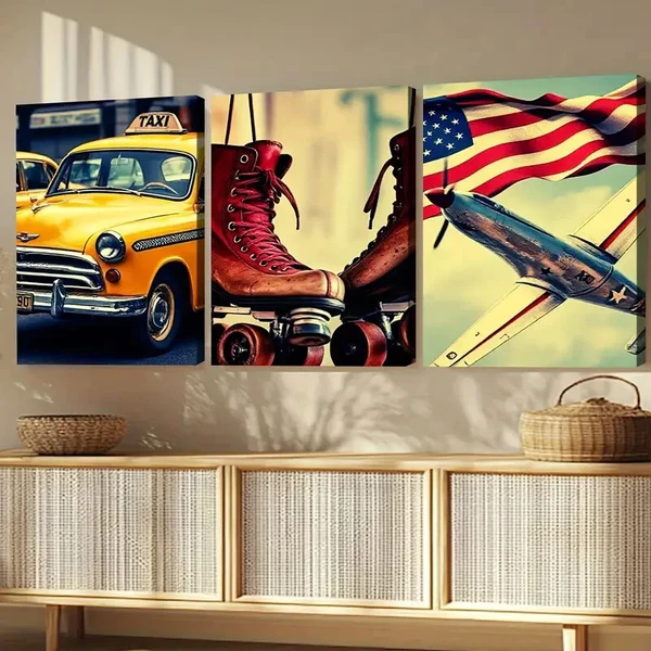 3pcs Retro American Classic Modern Style Car Wall Art Set Canvas Framed 40x60cm – High Quality Print 100% Australian Made Wall Canvas Ready to Hang
