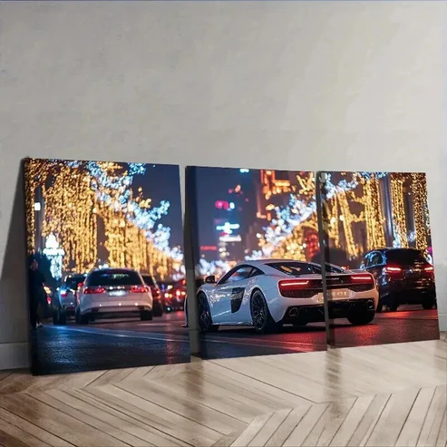 3pcs Sports cars in the city Wall Art Set Canvas Framed 50x70cm – High Quality Print 100% Australian Made Wall Canvas Ready to Hang
