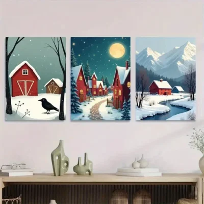 3pcs Cozy Winter Village Snowy Night Scene Wall Art Set Canvas Framed 50x70cm - High Quality Print 100% Australian Made Wall Canvas Ready to Hang