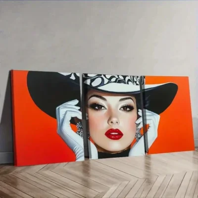 3pcs Fashionable Woman in Black Hat Wall Art Set Canvas Framed 50x70cm - High Quality Print 100% Australian Made Wall Canvas Ready to Hang