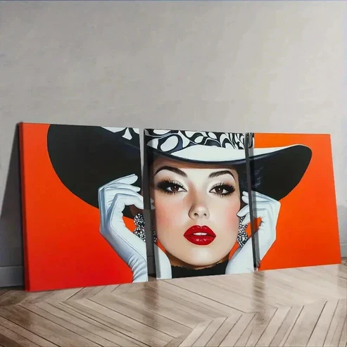 3pcs Fashionable Woman in Black Hat Wall Art Set Canvas Framed 50x70cm – High Quality Print 100% Australian Made Wall Canvas Ready to Hang