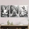 3pcs Adorable Bunny Black and White Rabbit Wall Art Set Canvas Framed 50x70cm - High Quality Print 100% Australian Made Wall Canvas Ready to Hang