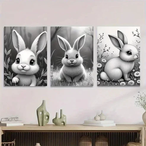 3pcs Adorable Bunny Black and White Rabbit Wall Art Set Canvas Framed 50x70cm – High Quality Print 100% Australian Made Wall Canvas Ready to Hang
