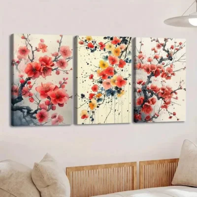3pcs Vibrant Floral Red & Yellow Blue White Tree Wall Art Set Canvas Framed 50x70cm - High Quality Print 100% Australian Made Wall Canvas Ready to Hang