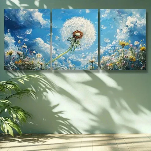 3pcs White dandelion Floral Wall Art Set Canvas Framed 50x70cm – High Quality Print 100% Australian Made Wall Canvas Ready to Hang