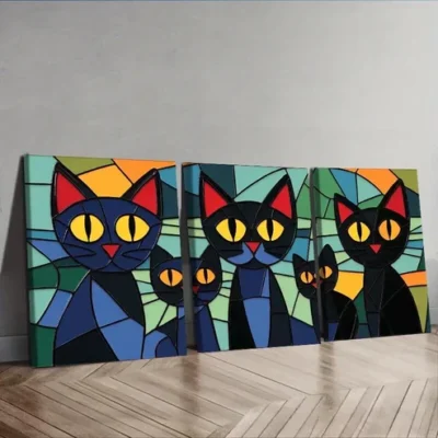 3pcs Black Cats Family Wall Art Set Canvas Framed 50x70cm - High Quality Print 100% Australian Made Wall Canvas Ready to Hang
