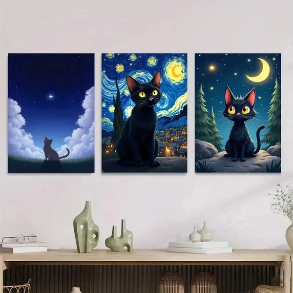 3pcs Starry Night Cat Triptych Vibrant Black Cat Wall Art Set Canvas Framed 50x70cm – High Quality Print 100% Australian Made Wall Canvas Ready to Hang
