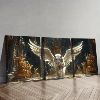 3pcs A white tiger with angel wings Wall Art Set Canvas Framed 50x70cm - High Quality Print 100% Australian Made Wall Canvas Ready to Hang