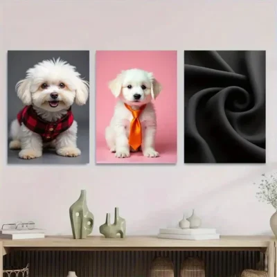 3pcs Cute Puppy Adorable Dog Pink & Black Wall Art Set Canvas Framed 50x70cm - High Quality Print 100% Australian Made Wall Canvas Ready to Hang