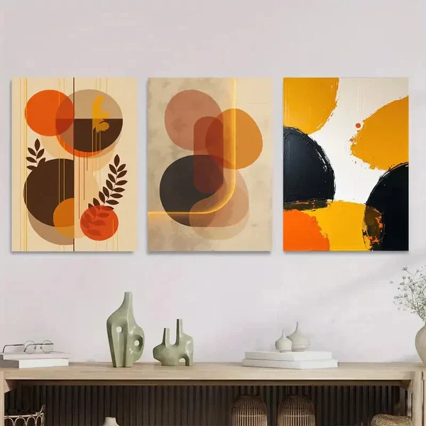 3pcs Abstract Geometric Vibrant Orange, Brown Wall Art Set Canvas Framed 50x70cm – High Quality Print 100% Australian Made Wall Canvas Ready to Hang