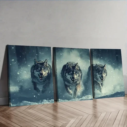 3pcs Fierce Wolf pack Wall Art Set Canvas Framed 40x60cm – High Quality Print 100% Australian Made Wall Canvas Ready to Hang
