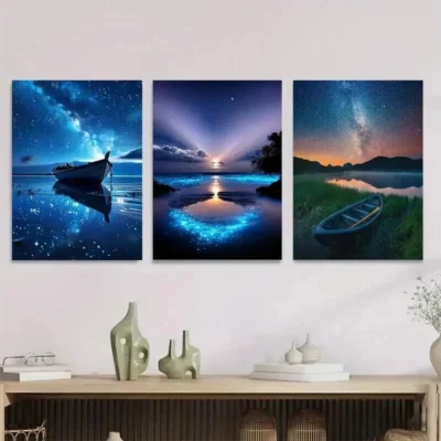 3pcs Starry Night Sky Blue Galaxy Landscape Wall Art Set Canvas Framed 40x60cm - High Quality Print 100% Australian Made Wall Canvas Ready to Hang