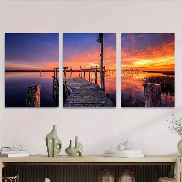 3pcs Sunset Dock Triptych Paintings Wall Art Set Canvas Framed 50x70cm – High Quality Print 100% Australian Made Wall Canvas Ready to Hang