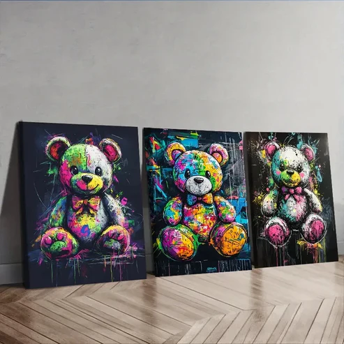 3pcs Colorful teddy bear graffiti Wall Art Set Canvas Framed 40x60cm – High Quality Print 100% Australian Made Wall Canvas Ready to Hang