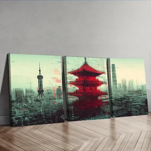 3pcs Chinese-Style Tower Modern Classic Design Wall Art Set Canvas Framed 50x70cm – High Quality Print 100% Australian Made Wall Canvas Ready to Hang