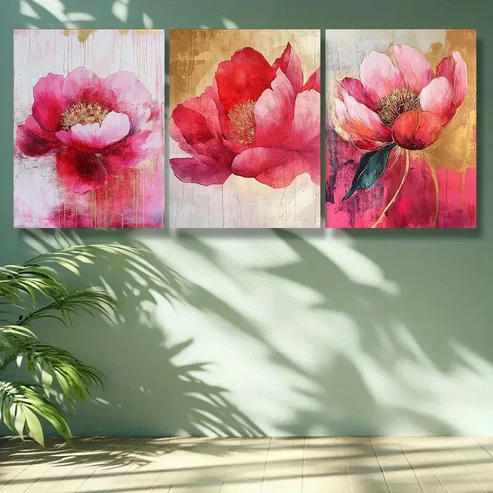 3pcs Pink peony flowers Wall Art Set Canvas Framed 40x60cm -High Quality Print 100% Australian Made Wall Canvas Ready to Hang