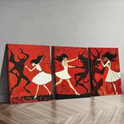 3pcs The Girl and the Beast Red & Black Wall Art Set Canvas Framed 40x60cm - High Quality Print 100% Australian Made Wall Canvas Ready to Hang