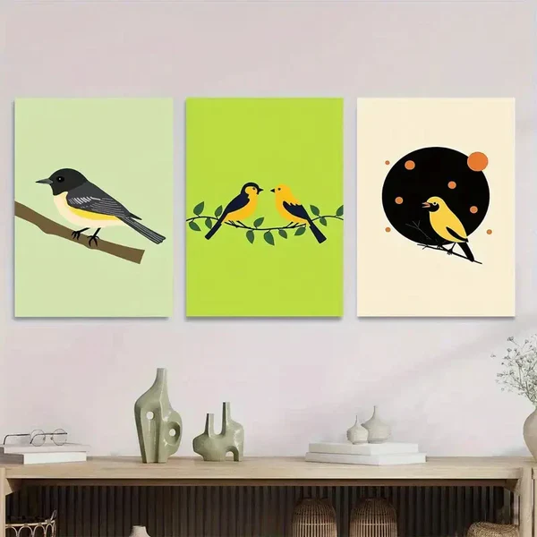 3pcs Modern Minimalist Bird Vibrant Green White Wall Art Set Canvas Framed 50x70cm – High Quality Print 100% Australian Made Wall Canvas Ready to Hang